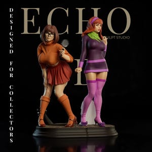 May include: A detailed statue of two cartoon characters, one in orange and the other in purple, on a dark base. The text on the statue reads "ECHO SCULPT STUDIO" and "DESIGNED FOR COLLECTORS".