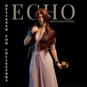 May include: A detailed figure of a woman in a pink dress and brown leather jacket, holding yellow flowers. The figure is set against a black background with the text "ECHO DIGITAL SCULPT STUDIO" and "DESIGNED FOR COLLECTORS".