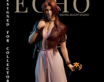 May include: A detailed figure of a woman in a pink dress and brown leather jacket, holding yellow flowers. The figure is set against a black background with the text "ECHO DIGITAL SCULPT STUDIO" and "DESIGNED FOR COLLECTORS".