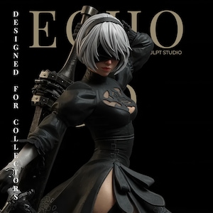 May include: A detailed statue of a female character with short white hair, a black blindfold, and a black outfit. She holds a large weapon and is posed dynamically. The background is black with the text "ECHO" and "DESIGNED FOR COLLECTORS".