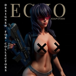 May include: A sculpted figure of a woman with dark hair and pink-tinted glasses, holding a blue and gray weapon. She wears a black jacket and gray underwear. The text "ECHO SCULPT STUDIO" and "DESIGNED FOR COLLECTORS" are visible.