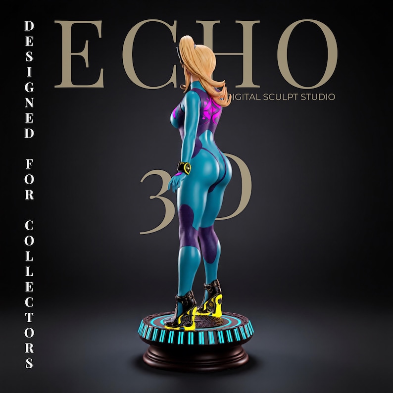 May include: A figurine of a blonde character in a teal and purple bodysuit with black and yellow boots, standing on a circular base with glowing blue lights. Text on the background reads ECHO DESIGNED FOR COLLECTORS DIGITAL SCULPT STUDIO 3D.