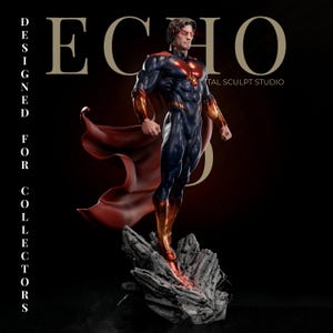 May include: A detailed collectible figurine of a muscular figure in a dark blue and red suit with a flowing red cape, standing on a jagged gray rock base. The text ECHO, DESIGNED FOR COLLECTORS, and DIGITAL SCULPT STUDIO are visible in the background.
