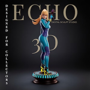 May include: A collectible figurine of a blonde character in a blue and purple bodysuit, holding a dark firearm. The figure stands on a circular base with blue light accents and yellow details. Text reads ECHO DIGITAL SCULPT STUDIO DESIGNED FOR COLLECTORS.