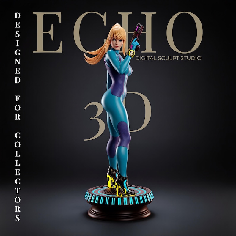 May include: A collectible figurine of a blonde character in a blue and purple bodysuit, holding a dark firearm. The figure stands on a circular base with blue light accents and yellow details. Text reads ECHO DIGITAL SCULPT STUDIO DESIGNED FOR COLLECTORS.