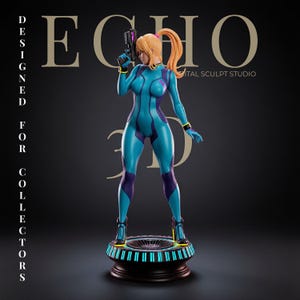May include: A figurine of a character with a blonde ponytail wearing a teal and dark purple bodysuit, holding a black handgun. The figure stands on a circular base with glowing blue lights. Text reads ECHO DIGITAL SCULPT STUDIO DESIGNED FOR COLLECTORS.