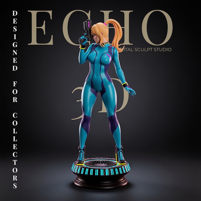 May include: A figurine of a character with a blonde ponytail wearing a teal and dark purple bodysuit, holding a black handgun. The figure stands on a circular base with glowing blue lights. Text reads ECHO DIGITAL SCULPT STUDIO DESIGNED FOR COLLECTORS.