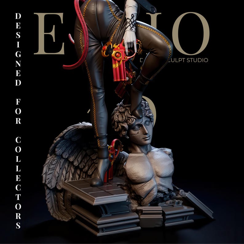 Bayonetta display statue STL with long hair ribbons