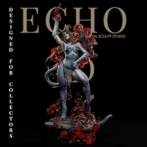 Può includere: Una statua dettagliata di una demone femminile con pelle grigia, corna e capelli rosso fuoco. Tiene in alto un oggetto rosso incandescente. La statua è su una base rocciosa con elementi rossi. Testo: "ECHO DIGITAL SCULPT STUDIO DESIGNED FOR COLLECTORS."