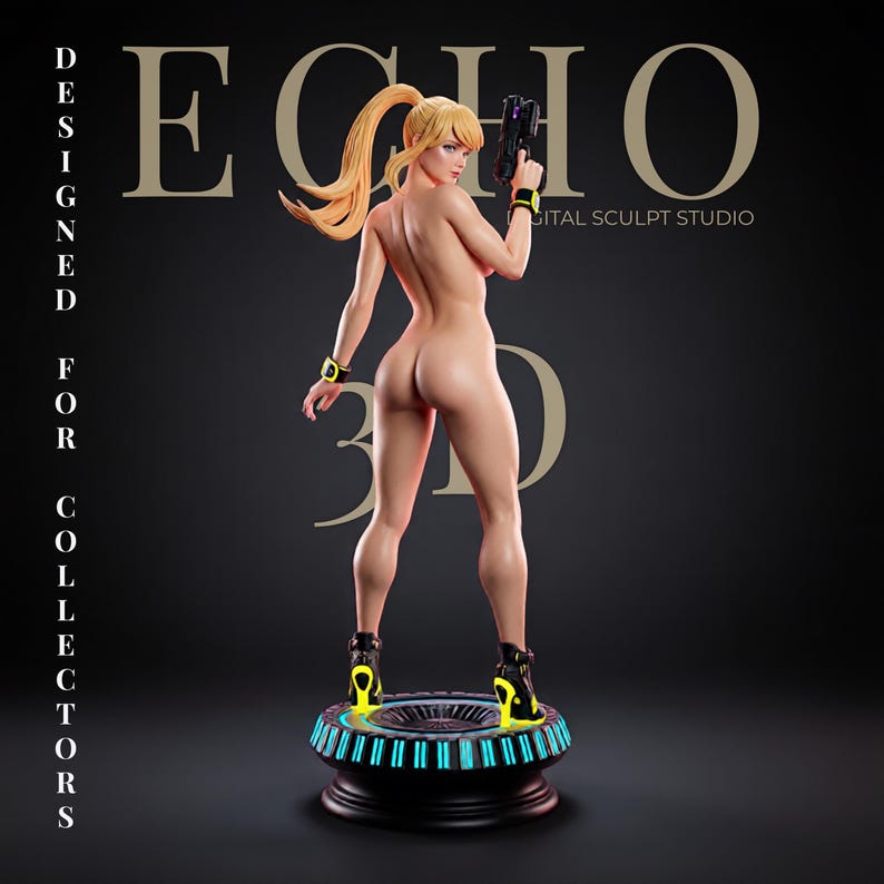 May include: A blonde figurine with a ponytail, wearing black and yellow boots and wristbands, holding a black firearm. The figure stands on a circular base with blue lights. Text reads ECHO DIGITAL SCULPT STUDIO and DESIGNED FOR COLLECTORS.
