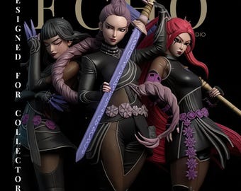 Diorama STL de Caçadora de Demônios | Estátua de Trio Feminino Fantástico para Impressão 3D | Figura de Colecionador Sombria