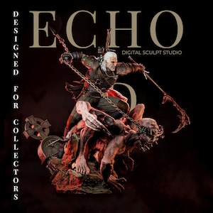 May include: A detailed figurine of a white-haired warrior in dark armour wielding a chain weapon while standing over a monstrous creature on a rocky base with a stone cross. The text ECHO DIGITAL SCULPT STUDIO and DESIGNED FOR COLLECTORS is visible.