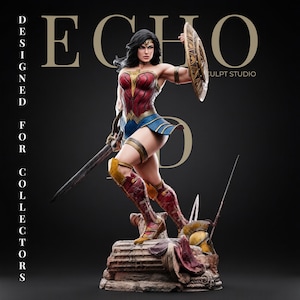 May include: A detailed Wonder Woman statue featuring a red and gold bodice, blue skirt, and gold armbands. She holds a sword and a circular shield. The base is a stone pillar fragment with a helmet. Text reads ECHO SCULPT STUDIO DESIGNED FOR COLLECTORS.