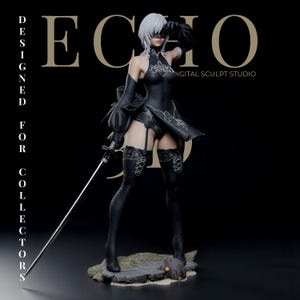 May include: A collectible figurine of a character with short white hair, a black blindfold, and a black outfit featuring intricate white embroidery. The figure holds a long, thin sword and stands on a rocky base. Text reads ECHO DIGITAL SCULPT STUDIO.
