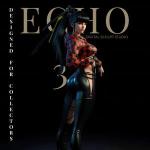 Könnte beinhalten: Digitale Skulptur einer Frau in einer rot-schwarz karierten Jacke und schwarzer Lederhose. Das Bild hat den Text "ECHO" und "DIGITAL SCULPT STUDIO" auf schwarzem Hintergrund. Die Zahl "3" ist ebenfalls sichtbar.