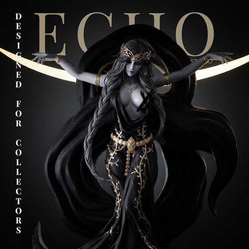 May include: A grey-skinned female figure statue wearing a black gown with gold vine patterns, a gold crown, and gold jewelry. The figure has long flowing hair and arms outstretched. Text reads ECHO DESIGNED FOR COLLECTORS with a black X over the chest.