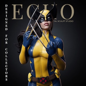 May include: A detailed figurine of a character wearing a yellow and blue suit with a black mask and three metallic claws extending from each hand. The figure features long dark hair and a brown belt with a red X emblem. Text reads ECHO DIGITAL SCULPT STUDIO.