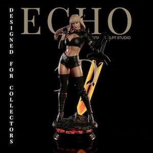 May include: A black statue of a female figure holding a sword with a yellow and orange blade. The figure is wearing a black outfit and boots. The text "ECHO DESIGNED FOR COLLECTORS" is displayed.