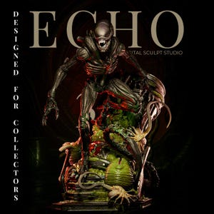 May include: A dark, detailed Xenomorph figurine standing on a textured base with green organic elements and a facehugger. The text ECHO, DESIGNED FOR COLLECTORS, and DIGITAL SCULPT STUDIO are visible against a black background in this sculpture.