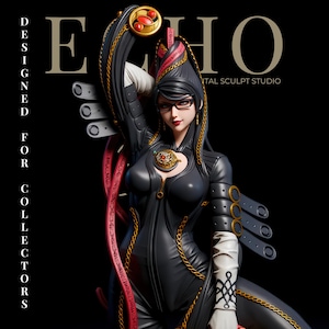 Può includere: Statua dettagliata di una donna in tuta nera con dettagli dorati, con il braccio alzato. La statua ha lunghi capelli neri, occhiali e un copricapo decorativo. Il testo "ECHO" e "DESIGNED FOR COLLECTORS" sono visibili.