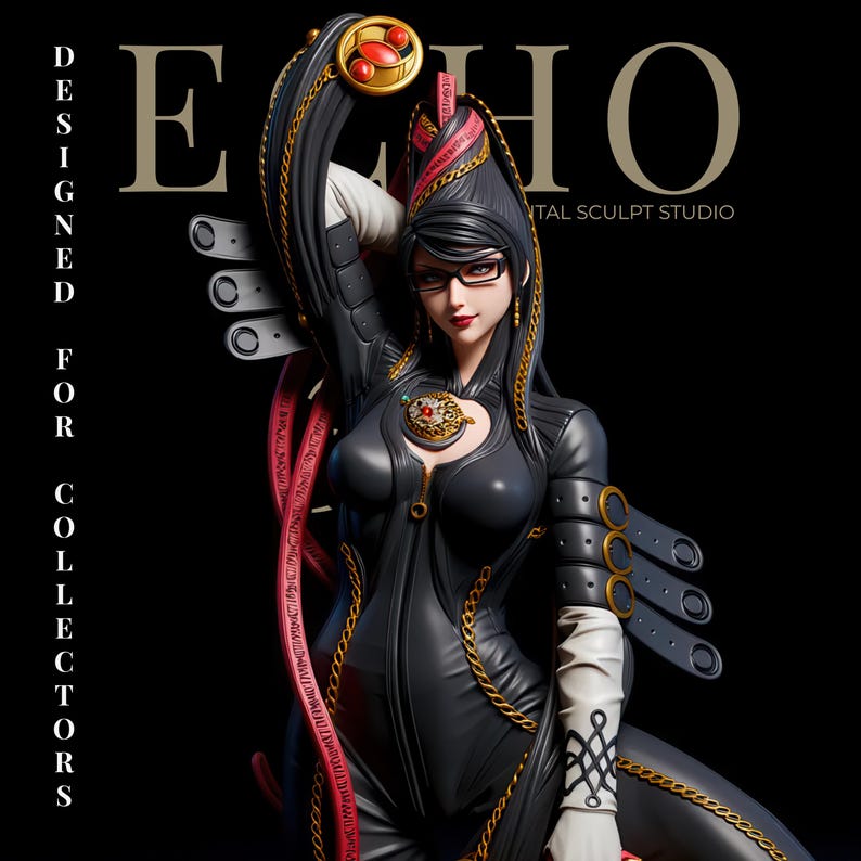Bayonetta statue STL standing on angel bust with red guns