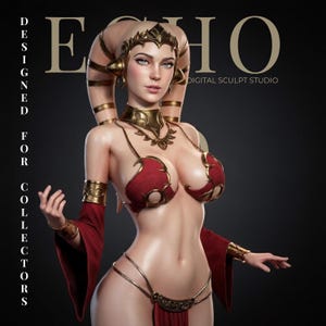 May include: A digital sculpture of a humanoid figure with lekku head-tails, wearing a red and gold bikini-style outfit with matching arm cuffs and a gold headpiece. The text ECHO DESIGNED FOR COLLECTORS DIGITAL SCULPT STUDIO is visible.