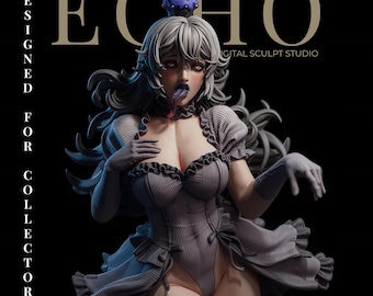 May include: A digital sculpture of a character with gray hair, a purple mushroom crown, and a long tongue. The figure wears a gray dress with ruffles and gloves. The text "ECHO" and "DESIGNED FOR COLLECTORS" are visible.
