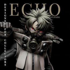 May include: A detailed statue of a character with gray hair, red glowing eyes, and a gas mask. The figure wears a white jacket over a black outfit. The text "ECHO" and "DESIGNED FOR COLLECTORS" are visible.