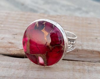 Anello in argento sterling con turchese e dalia rosa fatto a mano