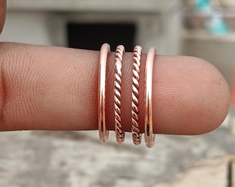 Bagues empilables en cuivre pur faites main, lot de 4 bagues bohèmes torsadées