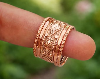 Anillos apilables de cobre puro, joyería bohemia para el pulgar, conjunto de anillos hechos a mano para mujer.