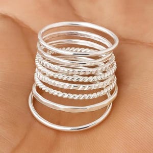 Handmade 925 Sterling Silver Stacking Ring Set, Dainty Boho Bands, Set of 8 Rings