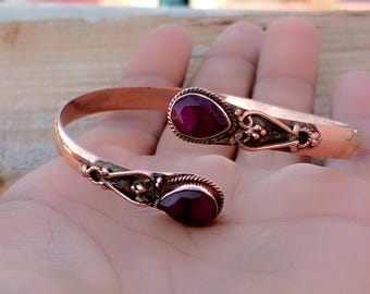 Handmade Copper Bangle with Pear Ruby Gemstone, Adjustable Bracelet
