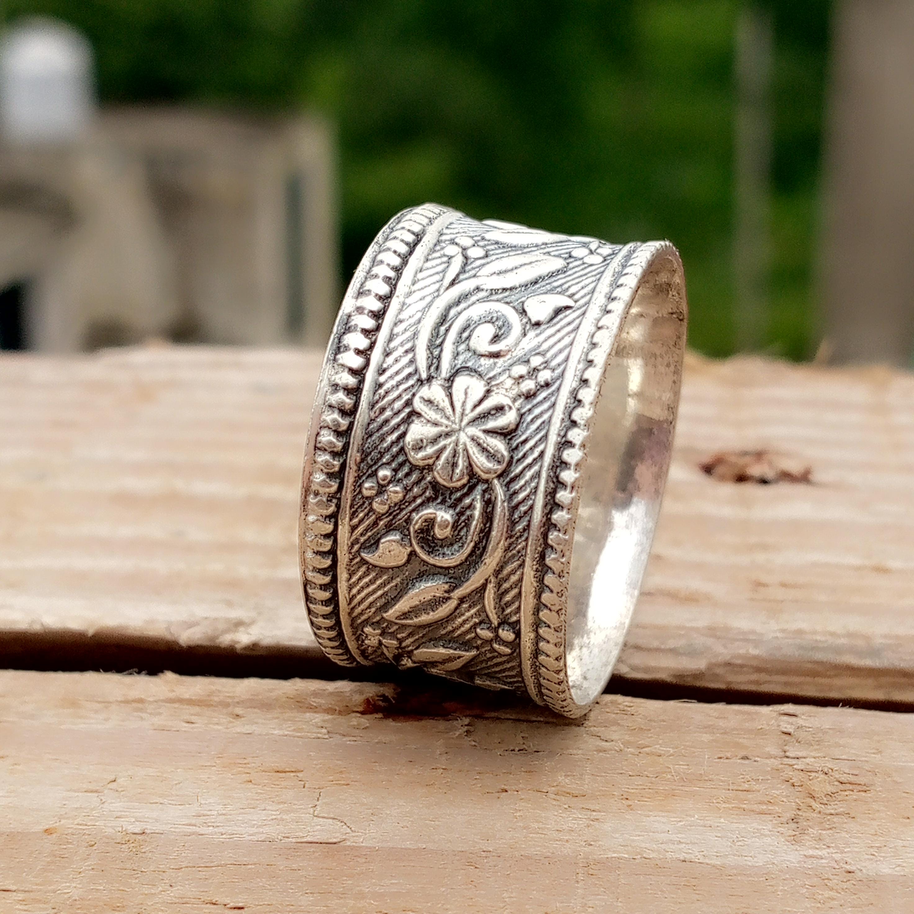 Handmade Sterling Silver Floral Band Ring, Boho Thumb Ring - Etsy