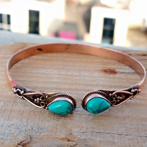 Turquoise Gemstone Bangle, 100 % Pure Copper Bangle, Handmade Bangle, Adjustable Bangle, Gift For Christmas Day, Anniversary Gift