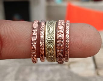 Hammered Copper Brass Stacking Rings Set, Thin Anniversary Promise Bands