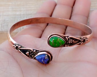 Groene en paarse koperen turkoois armband, handgemaakte verstelbare koperen manchet