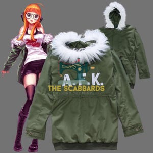 May include: An olive green parka with a white faux fur-lined hood and collar. The back of the jacket features the text "A.F.K. THE SCABBARDS ANIME COSTUMES" in white. A cartoon character wearing a similar jacket is on the left.