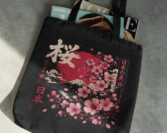 Sakura Cherry Blossoms Tote Bag | Japanese Red Sun Floral Canvas
