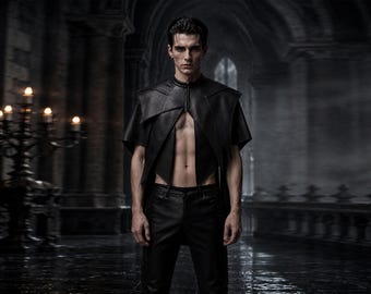 Avant Garde Black Leather Cape Top: Cyberpunk Gothic Streetwear Runway Outfit