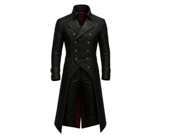 Men's Genuine Leather Gothic Trench Coat: Double Breasted Steampunk Overcoat