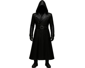 Gabardina clásica de cuero con capucha para hombre, hecha a mano: cosplay cyberpunk gótico
