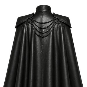 May include: Black leather cape with a high collar and shoulder accents. The cape features decorative metal chain detailing across the upper back. The garment has a smooth, matte finish and a flowing silhouette, suitable for cosplay or costume events.