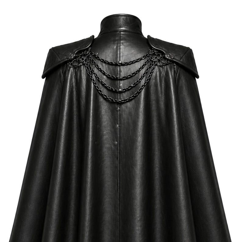 May include: Black leather cape with a high collar and shoulder accents. The cape features decorative metal chain detailing across the upper back. The garment has a smooth, matte finish and a flowing silhouette, suitable for cosplay or costume events.