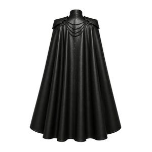 May include: A black faux leather cape with a high collar and shoulder accents. The cape features decorative chain detailing across the upper back. The garment has a flowing, full length design.