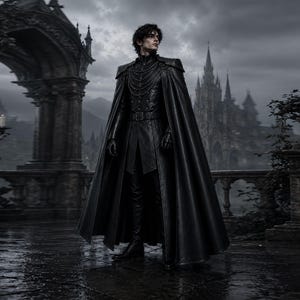 May include: A person wearing a black gothic-style outfit, including a long cape, gloves, and boots. The outfit features intricate details and a belt. The background shows a gothic castle and a cloudy sky, creating a dark and dramatic atmosphere.