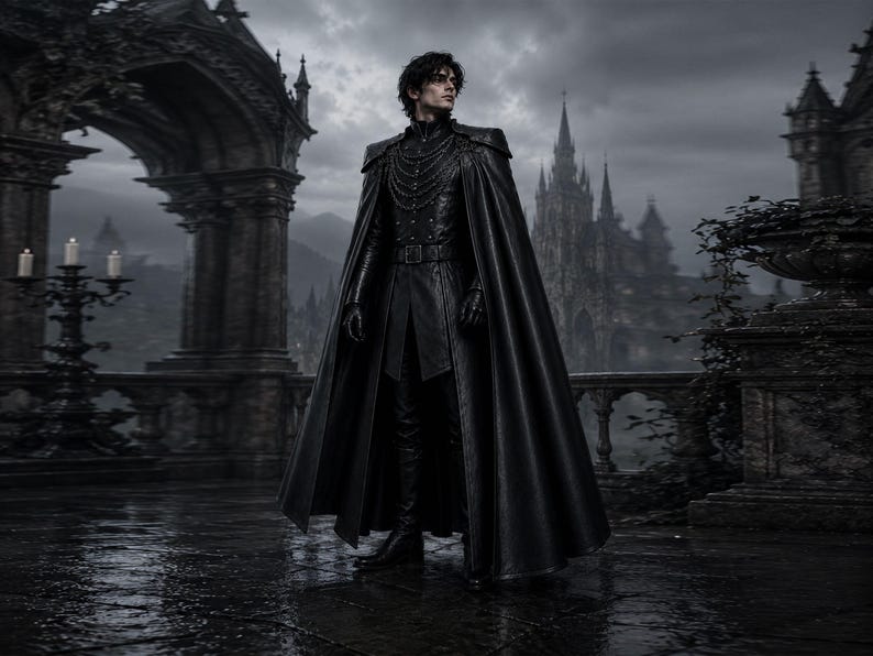 May include: A person wearing a black gothic-style outfit, including a long cape, gloves, and boots. The outfit features intricate details and a belt. The background shows a gothic castle and a cloudy sky, creating a dark and dramatic atmosphere.