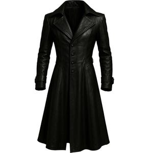 May include: A long, black leather coat with a notched collar and button-down closure. The coat features long sleeves with cuff details and a flared skirt, creating a classic silhouette. The coat is designed for a tailored fit.