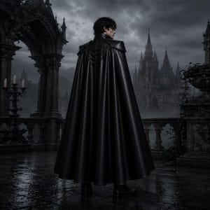 May include: A black cape with a high collar and decorative shoulder accents. The cape is long and flowing, made of a dark, possibly leather-like material. The background features a gothic castle and a stormy sky, creating a dramatic and mysterious atmosphere.