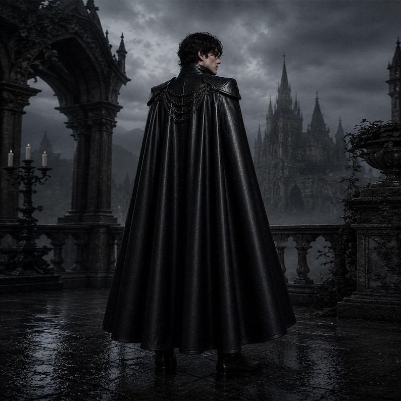 May include: A black cape with a high collar and decorative shoulder accents. The cape is long and flowing, made of a dark, possibly leather-like material. The background features a gothic castle and a stormy sky, creating a dramatic and mysterious atmosphere.